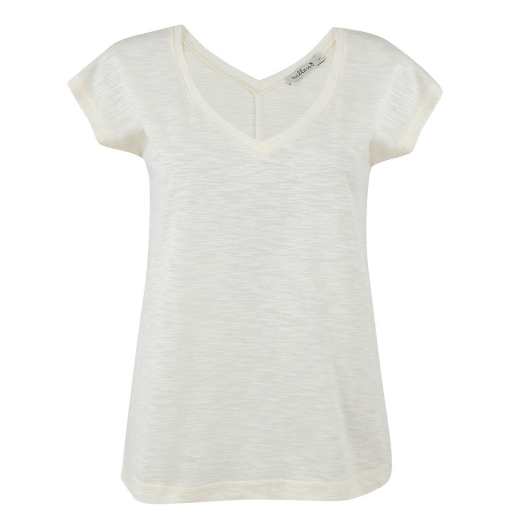 Off White Cotton Slub V-Neck T-Shirt