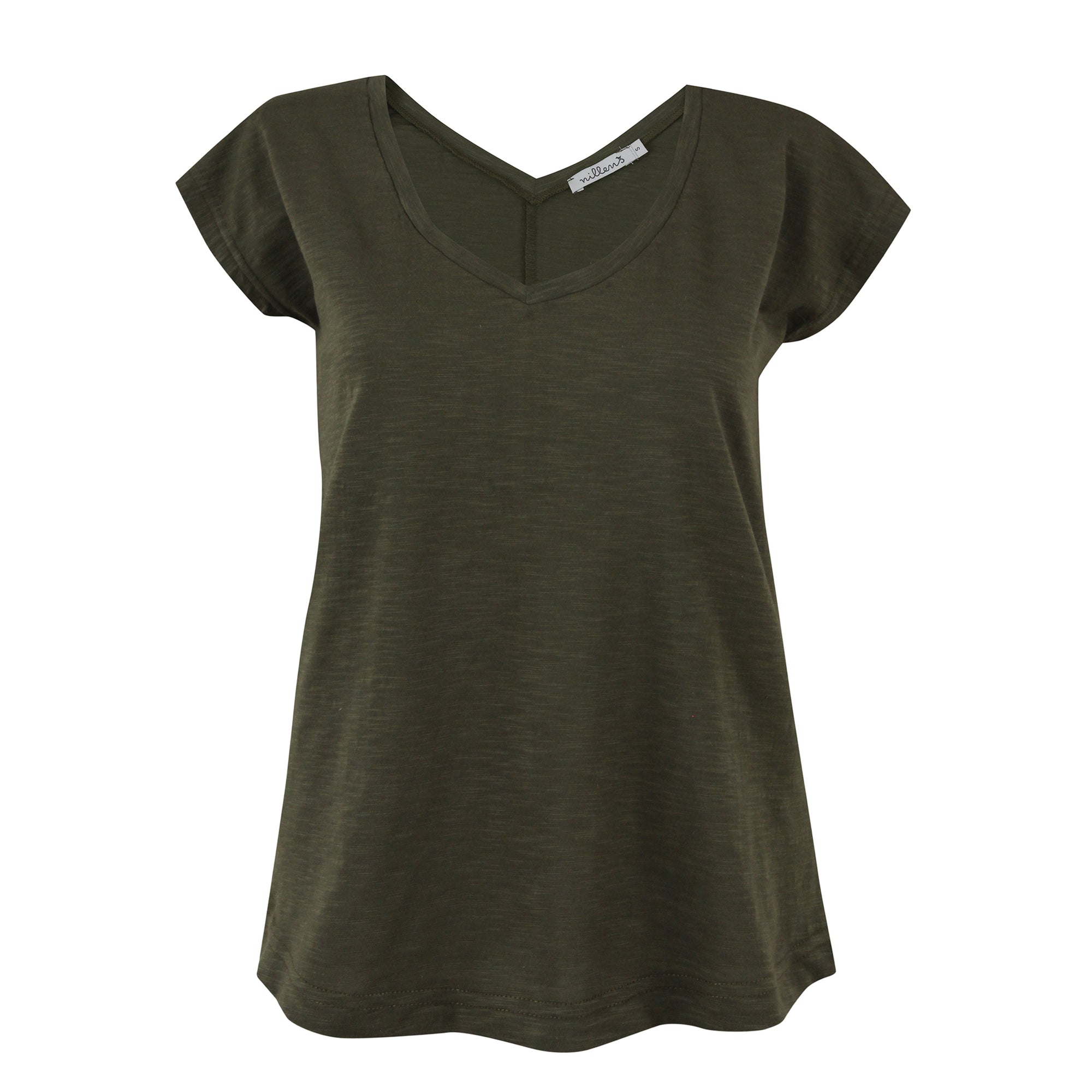 Army Green Cotton Slub V-Neck T-Shirt