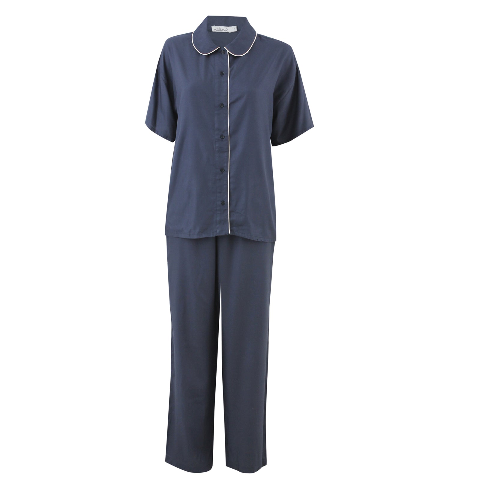 Mid Night Blue Piping Silky Viscose Pyjama Set