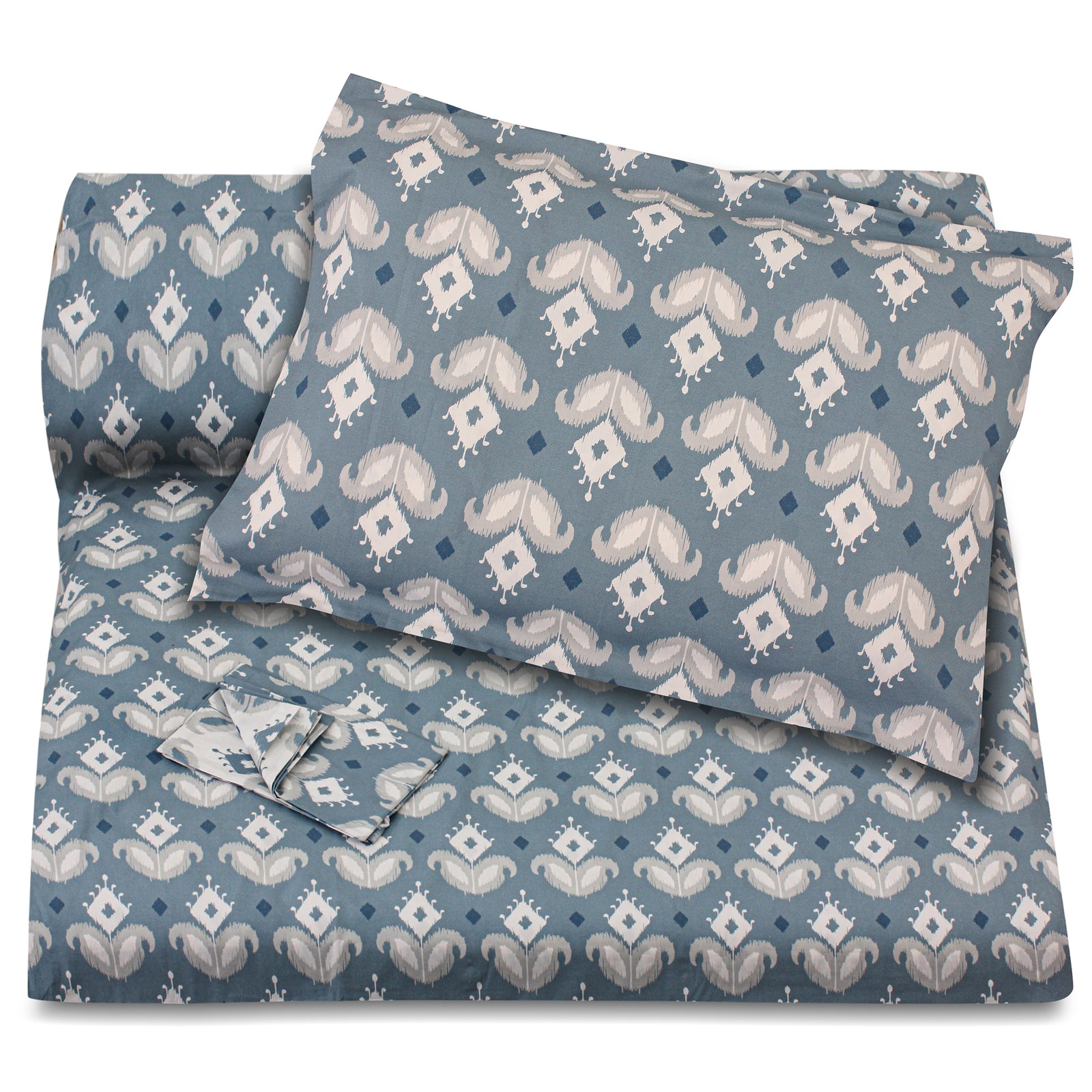 Blue Ikat Flowers Printed Duvet + Pillowcases