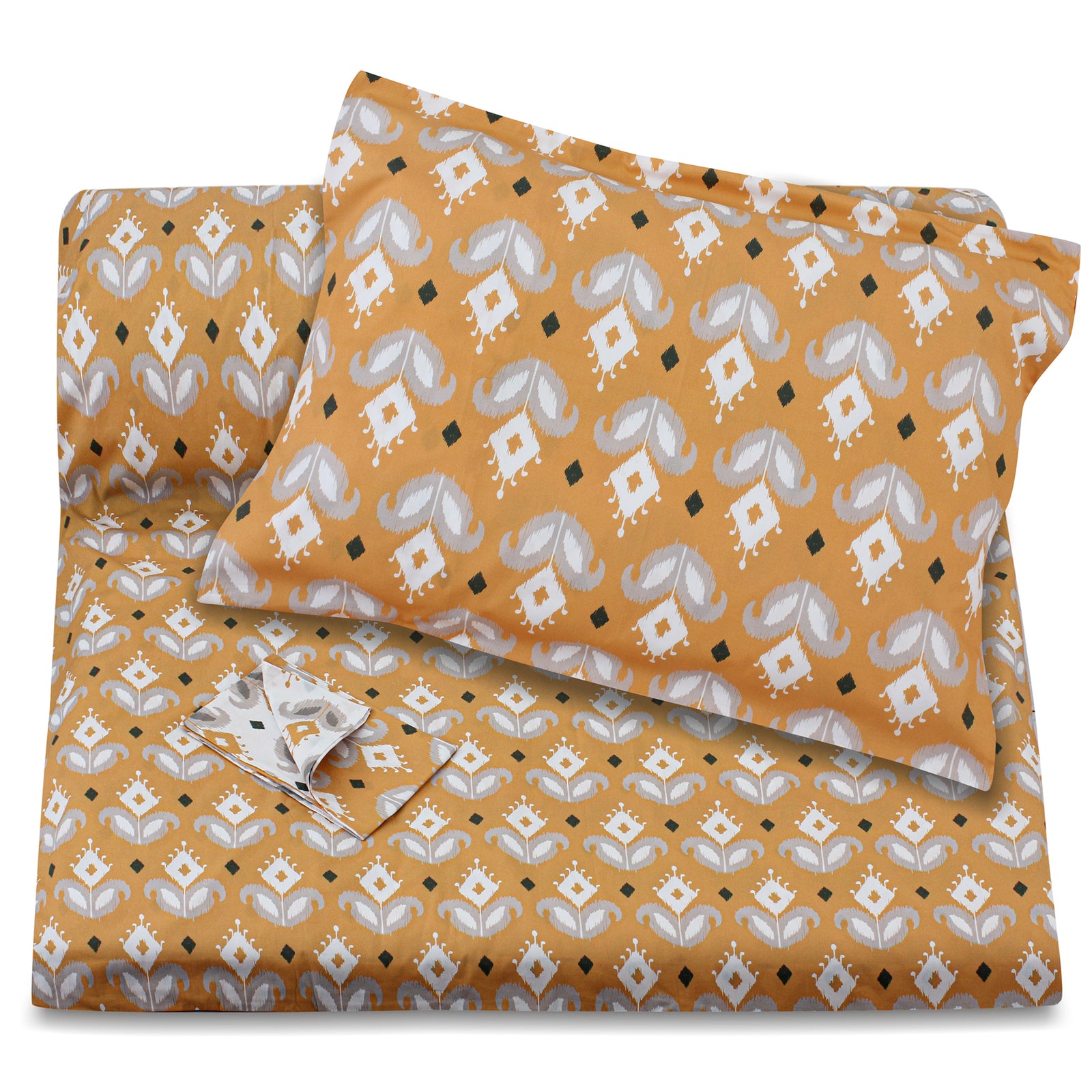 Mustard Ikat Flowers Printed Duvet + Pillowcases