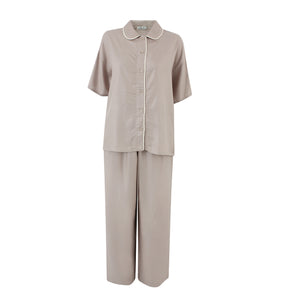 Beige Piping Silky Viscose Pyjama Set