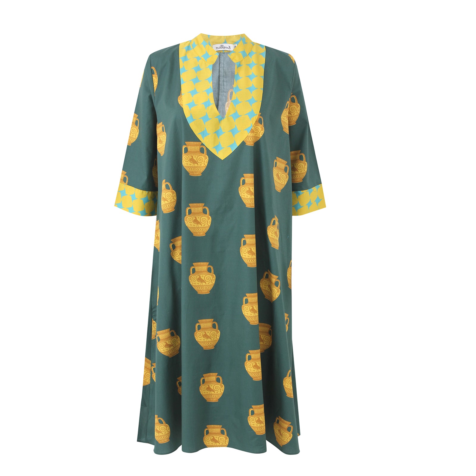 Green Vases Cotton Kaftan Dress