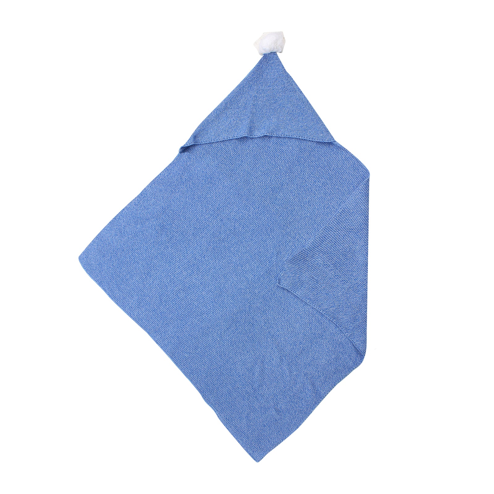 Blue Knitted Hooded Newborn Blanket with Pompom