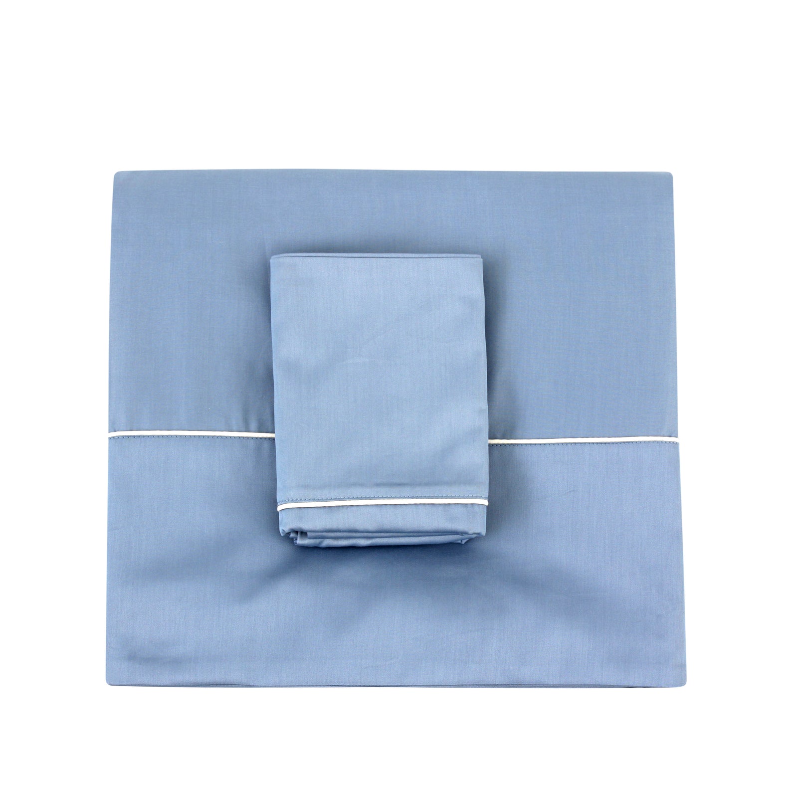 Blue Sheet with Off-White Piping + Pillowcases