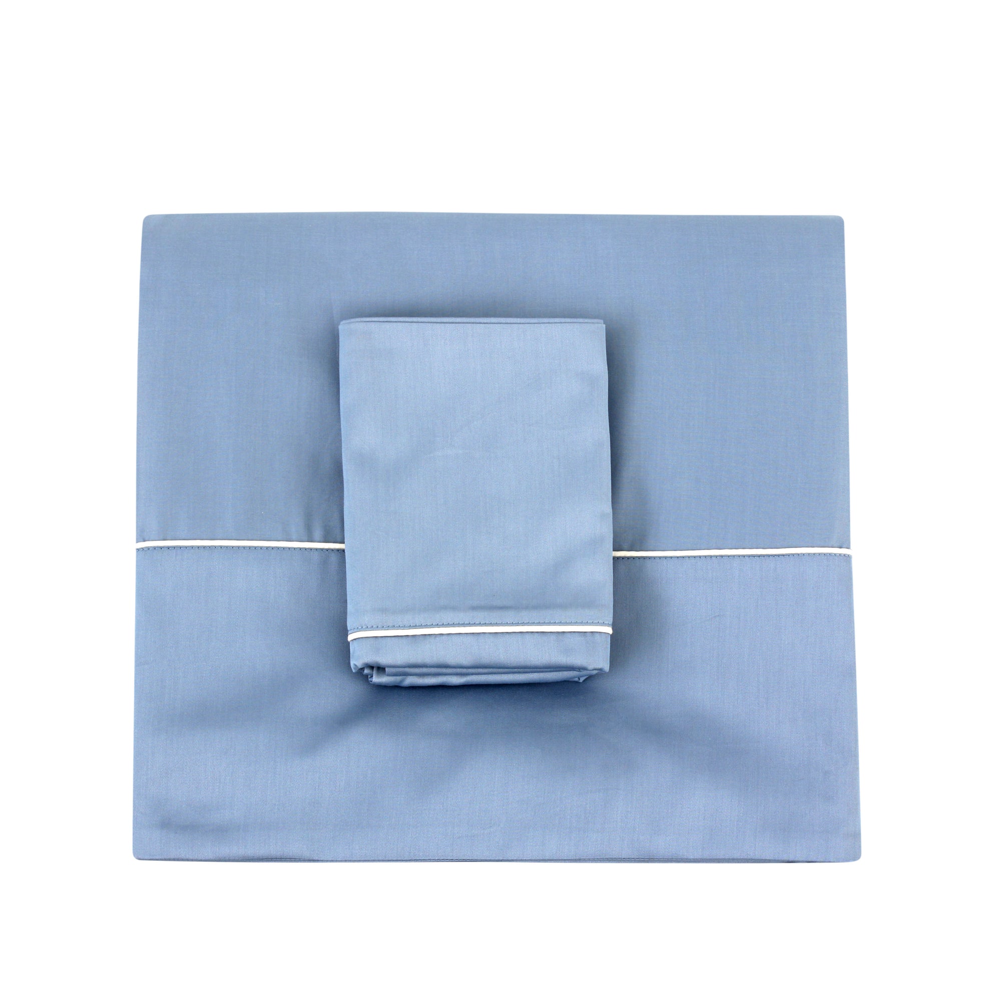 Blue Sheet with Off-White Piping + Pillowcases