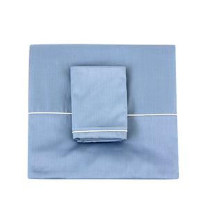 Blue Sheet with Off-White Piping + Pillowcases