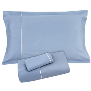 Blue Sheet with Off-White Piping + Pillowcases