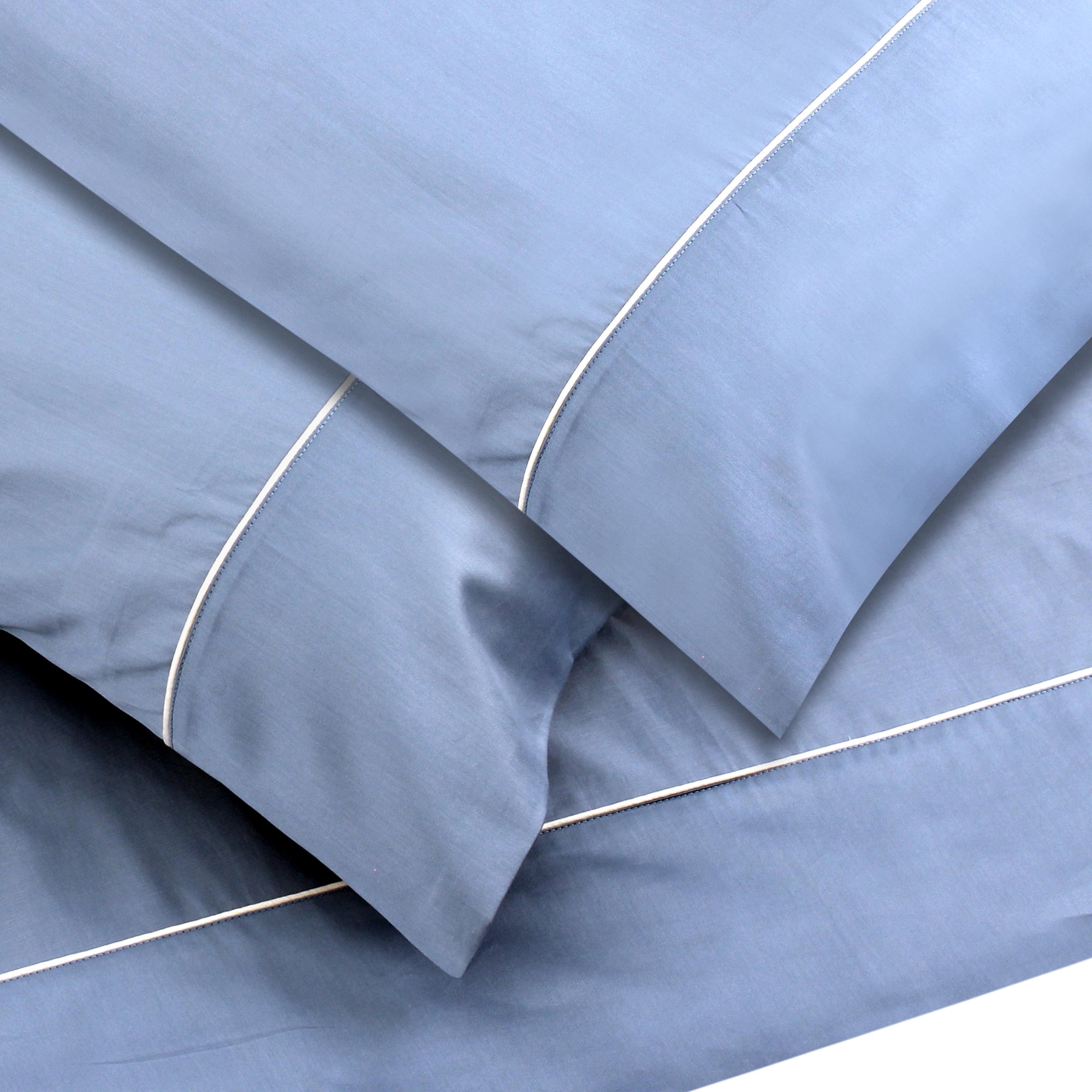 Blue Sheet with Off-White Piping + Pillowcases