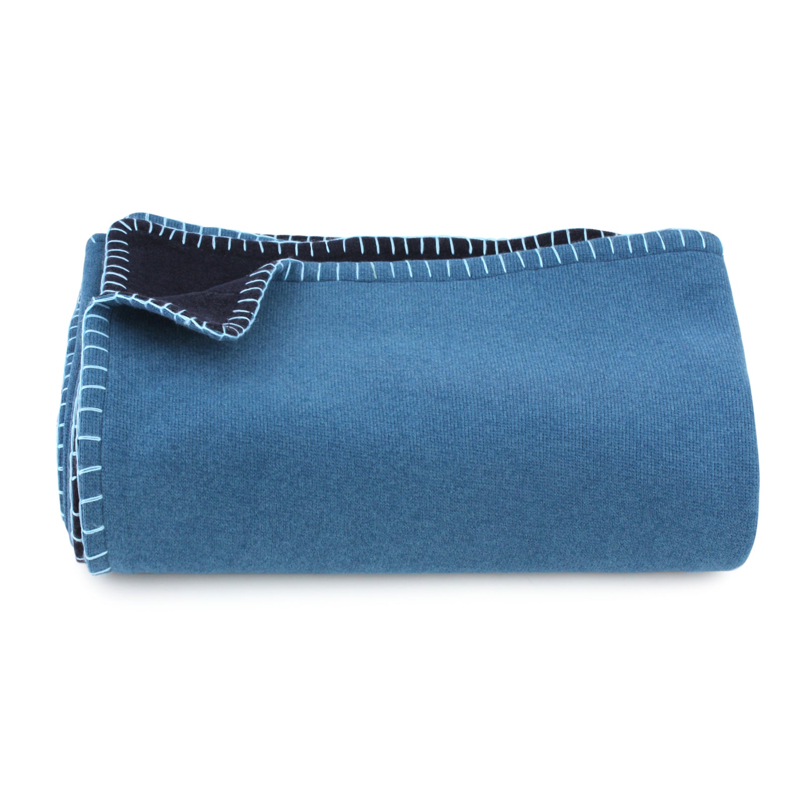 Light Blue/Navy Throw Blanket with Stitch Border