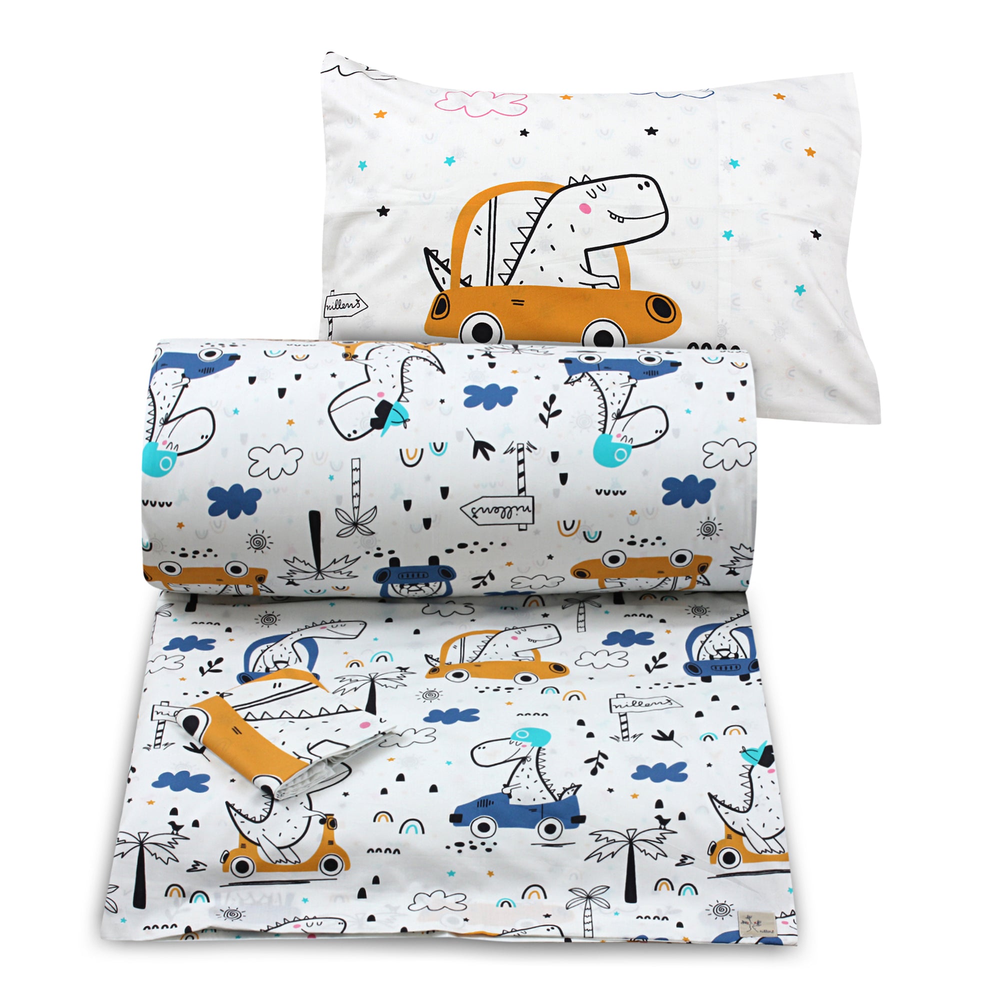 Blue Dino Printed Duvet + Pillowcases